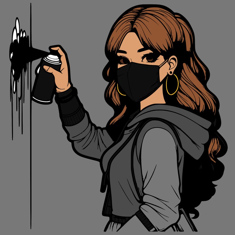 realistic girl with mask spray painting a wall