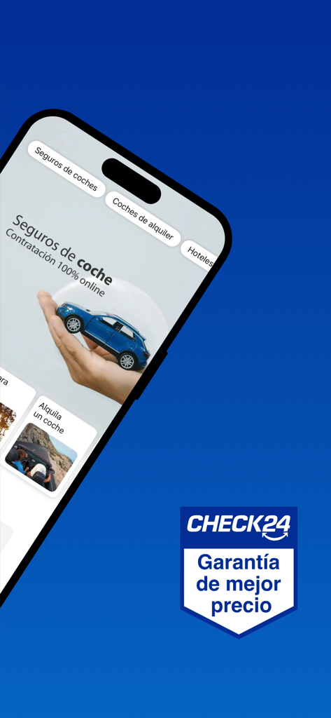Pantalla móvil de la app CHECK24 España mostrando la comparación de seguros de coche y un logotipo de garantía del mejor precio