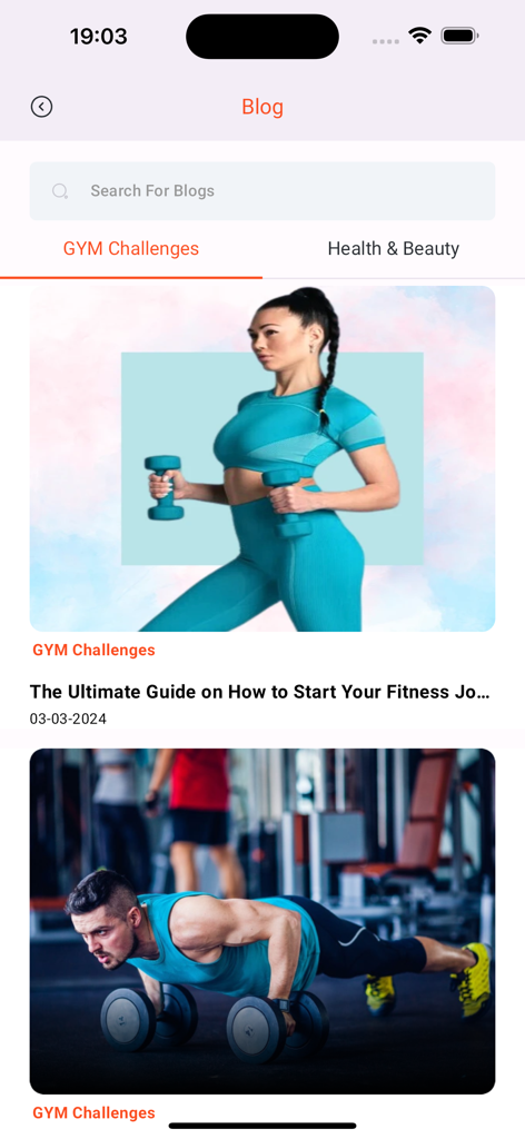PopFit Max mobile app blog interface displaying gym challenges and fitness articles