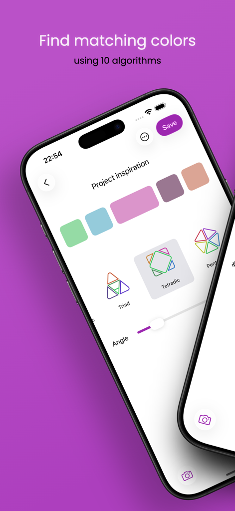 Interface do aplicativo Color Harmony mostrando uma paleta de cores tetrádica e algoritmos de seleção de harmonia em uma tela de iPhone