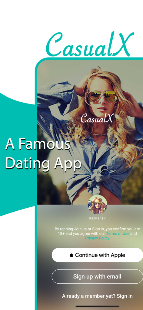 Casualx: Local Casual Dating - CasualX mobile app welcome screen with options to sign up using Apple or email.