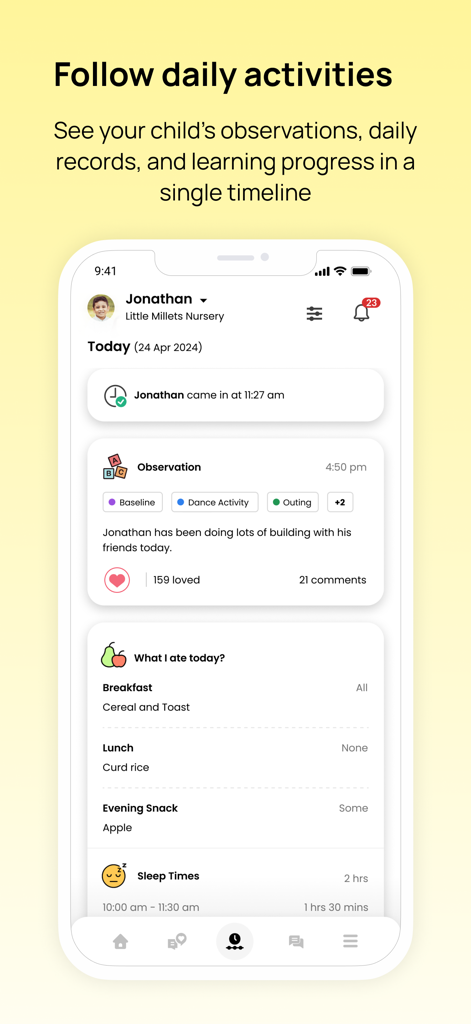 eyparentモバイルアプリがお子様の毎日の活動タイムライン、観察記録、食事記録を表示