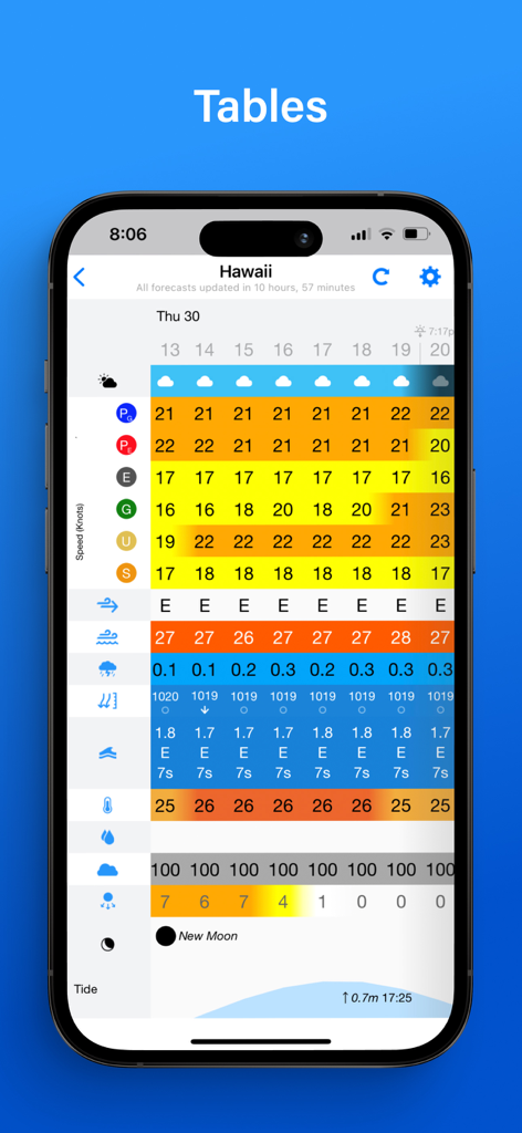 PredictWind — Marine Forecasts - PredictWind app interface displaying detailed marine weather forecast tables for Hawaii