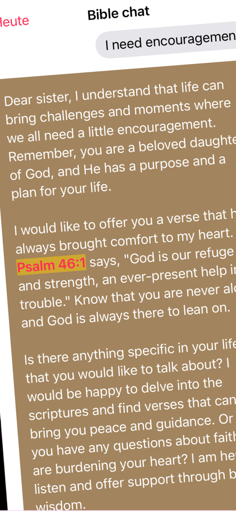 Una interfaz de chat bíblico en la aplicación Ruth que proporciona un mensaje alentador personalizado y una escritura del Salmo 46:1 para apoyo espiritual.