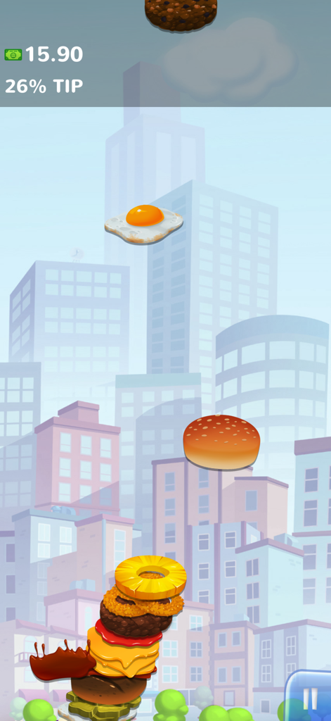 Sky Burger - A tall burger being stacked with falling ingredients against a city skyline background in Sky Burger