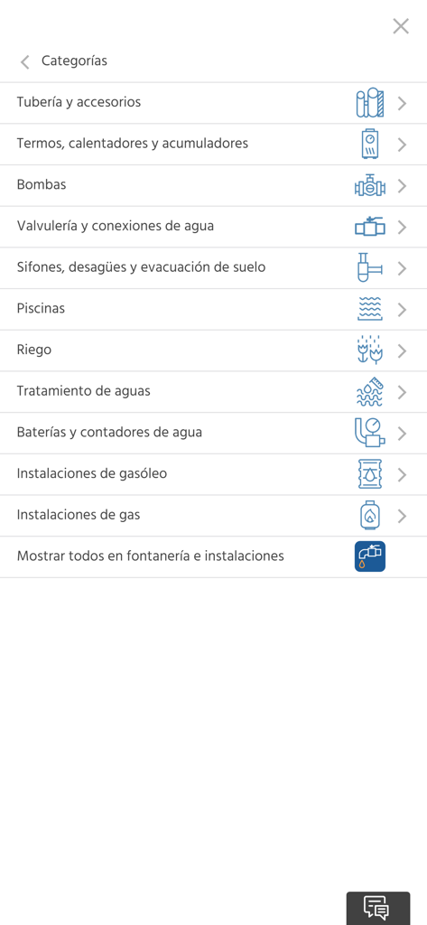 Lista de categorías de fontanería e instalación en la aplicación Saltoki Online 2.0