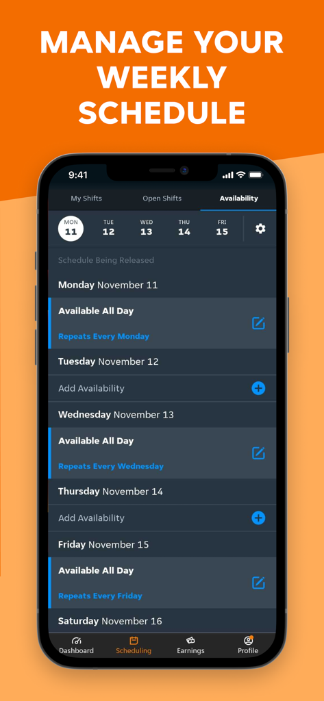 Skip Courier app interface showing the weekly schedule and availability management screen for delivery drivers