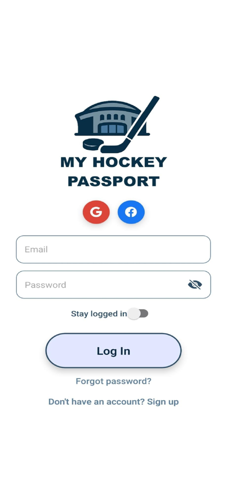 My Hockey Passport - The login page for My Hockey Passport app with social sign in buttons and email fields