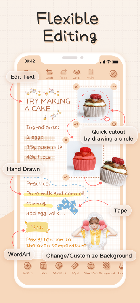 Mininote - Cute note and diary - Interface of Mininote app showing flexible editing tools for aesthetic digital journaling with stickers and photo cutouts