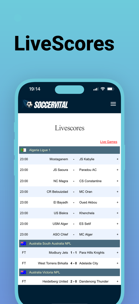 SoccerVital - SoccerVital app screenshot showing live scores for global soccer leagues