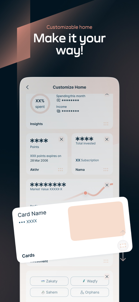 Alinma App - تطبيق الإنماء - Mobile interface of the Alinma App showing a customizable home screen with financial insights and card widgets