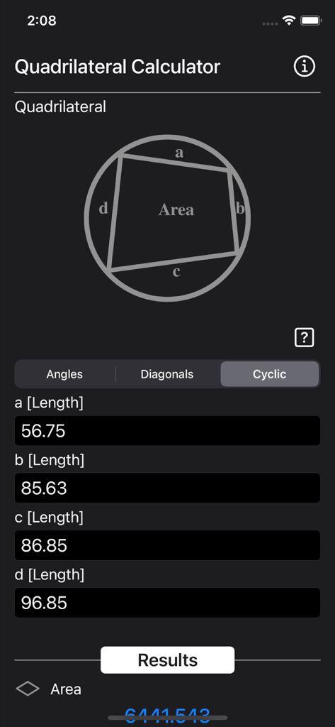 A screenshot of the Quadrilateral Calculator app showing the input fields for calculating the area of a cyclic quadrilateral.