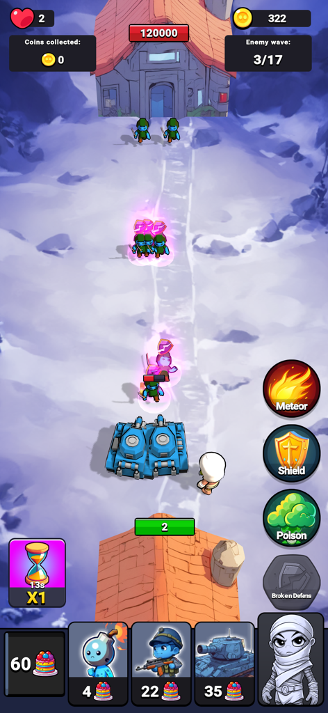 Age of Heroes | Warriors Clash - A tactical battle in Age of Heroes featuring a blue tank and modern soldiers advancing along a snowy path toward an enemy base