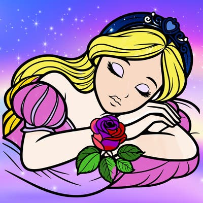 a fairytale princess sleeping with her hands crossed on her chest and a rose on her chest realistic