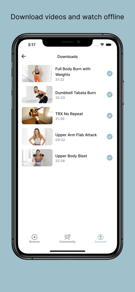 BodyFit by Amy - A list of downloaded fitness videos in the BodyFit by Amy app for offline viewing.