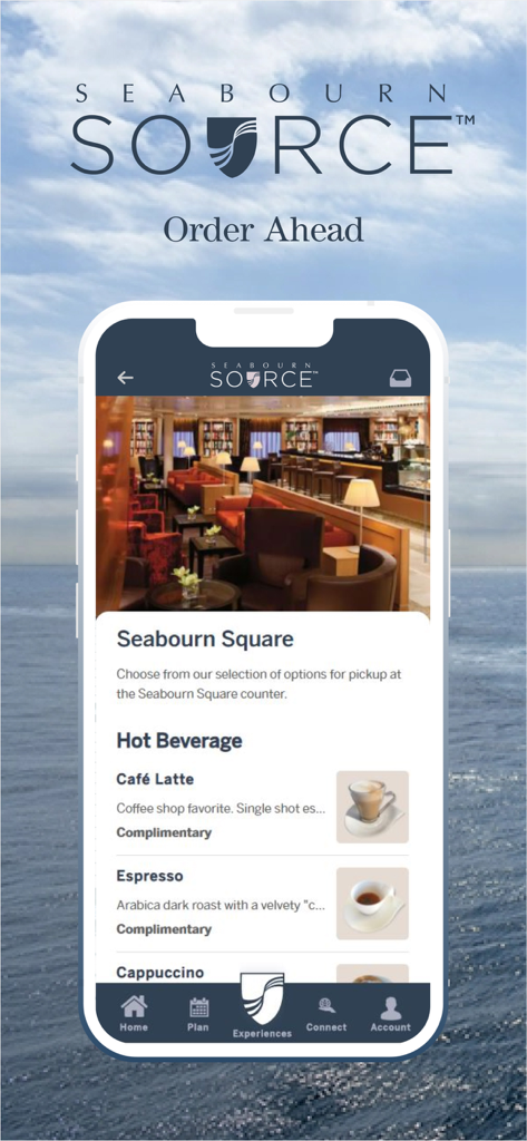 Seabourn Source - Seabourn Source app screen showing the Order Ahead feature for complimentary coffee and beverages at Seabourn Square.