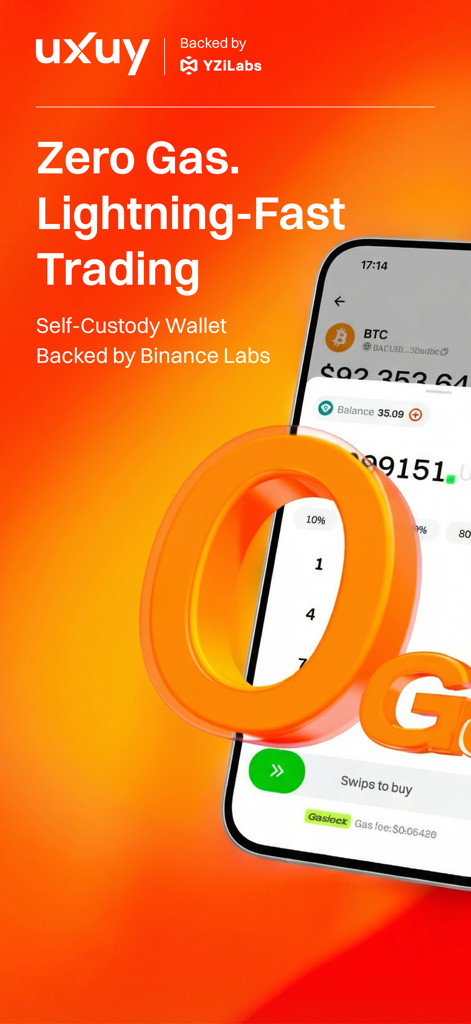 UXUY: Gasless On-Chain Trading - UXUY mobile app screen showcasing zero gas and lightning fast on-chain trading.