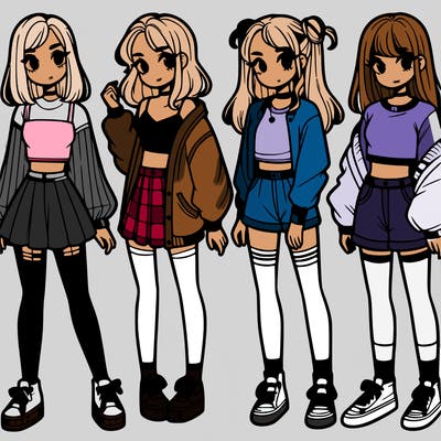 one girl with crop-top shirt and a jacket with a skirt, long socks and another girl with a shirt and pants with a jacket