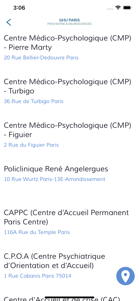 GHU Paris - A screen from the GHU Paris app showing a list of mental health centers and clinics in Paris