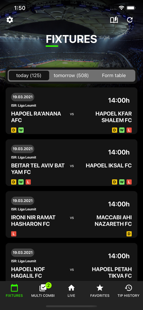 1x2LiveTip - 1x2LiveTip app screen showing upcoming soccer fixtures with team names, match times, and recent form indicators.