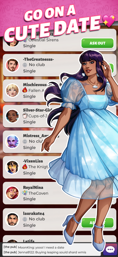 Party in My Dorm: Campus Life - A menu in Party in My Dorm showing a list of single avatars with buttons to ask them out on a date.