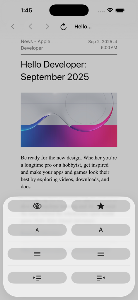 CloudNews app article reader screen with font and spacing customization options