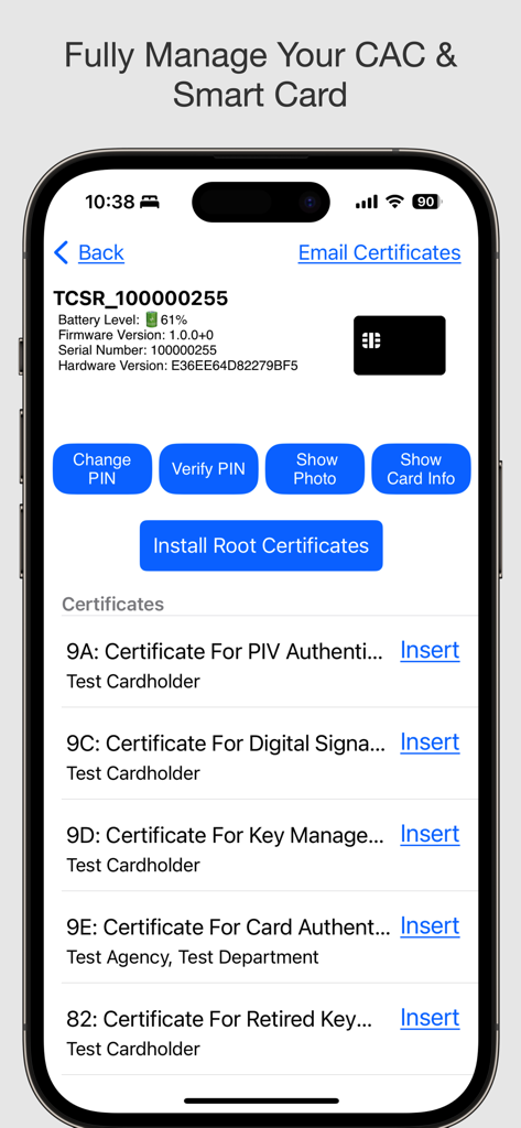 Smart Card Utility app showing CAC and PIV certificate management options on an iPhone screen.