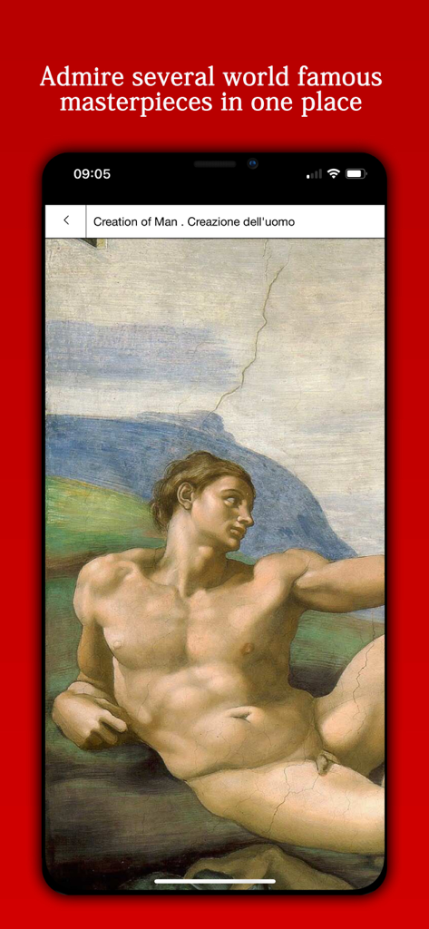 Vista detallada del fresco La Creación de Adán de Miguel Ángel dentro de la aplicación de audioguía de los Museos Vaticanos