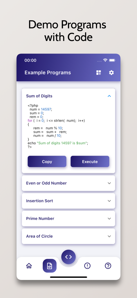 PHP Compiler - Run .php Code - Interface de l'application Compilateur PHP montrant une liste de programmes d'exemple avec un extrait de code pour calculer la somme des chiffres.