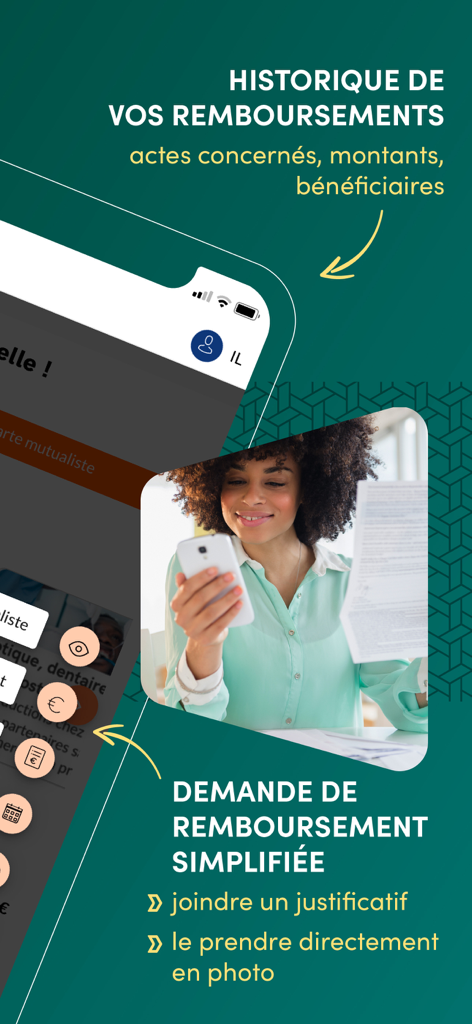 Harmonie & moi - Une femme prenant en photo un document médical pour soumettre une demande de remboursement via l'application mobile Harmonie et moi.