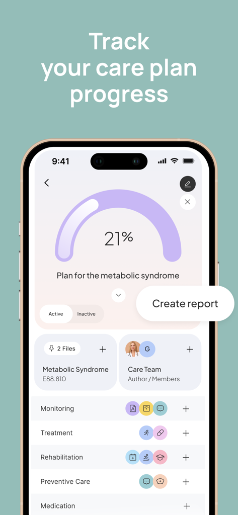 Lify: health manager, my chart - Mobile interface of Lify health manager showing a progress tracker for a metabolic syndrome care plan and care team information