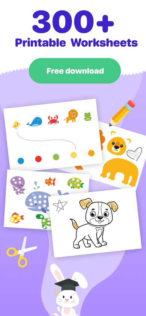 A collection of over 300 printable educational worksheets for toddlers featuring animals coloring and tracing activities