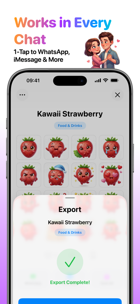StickerVerse: AI Sticker Maker - Smartphone screen showing the successful export of a Kawaii Strawberry sticker pack to messaging apps