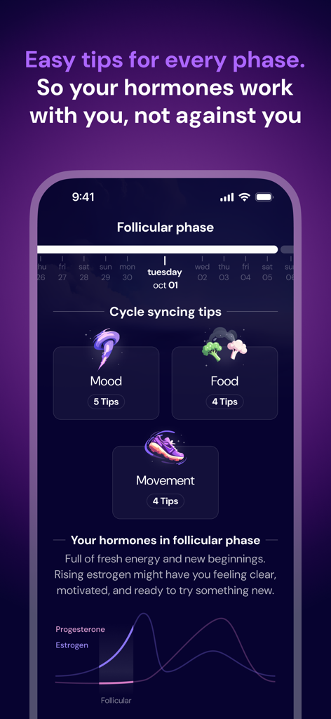 Musa app interface displaying cycle syncing tips for mood food and movement during the follicular phase