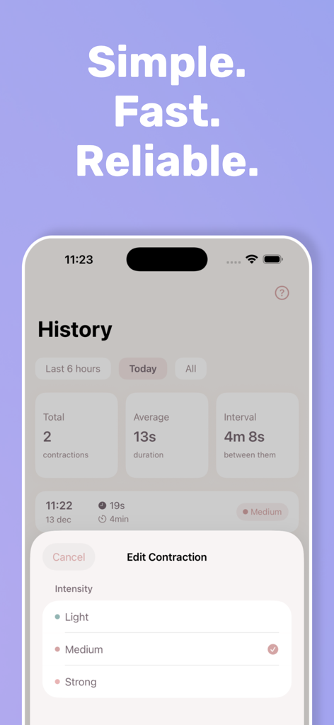 Contraction Timer: Pregnancy - Screenshot of the pregnancy contraction timer app showing labor history and intensity selection