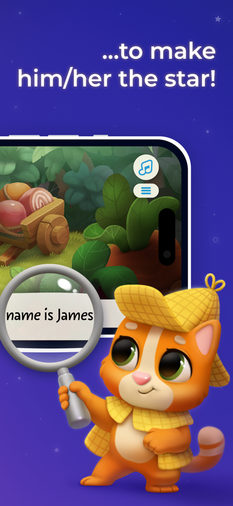 Un adorable personnage de chat raconte une histoire personnalisée où le nom de l'enfant est utilisé pour en faire la vedette.