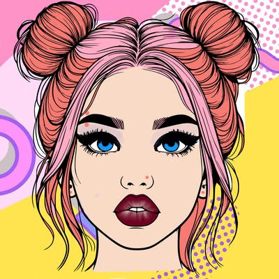 realistic girl with two buns on her hair and lips