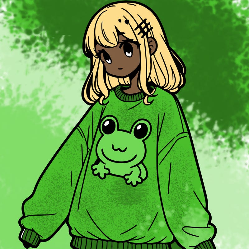 girl wearing frogging sweatshirt