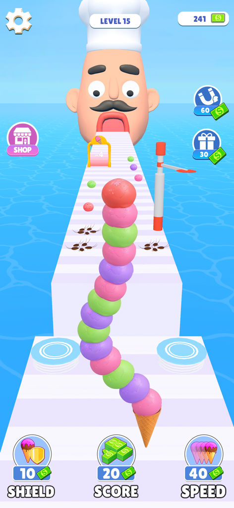 Stacky IceCream Runner - A colorful stack of ice cream scoops on a cone in a 3D runner game level.