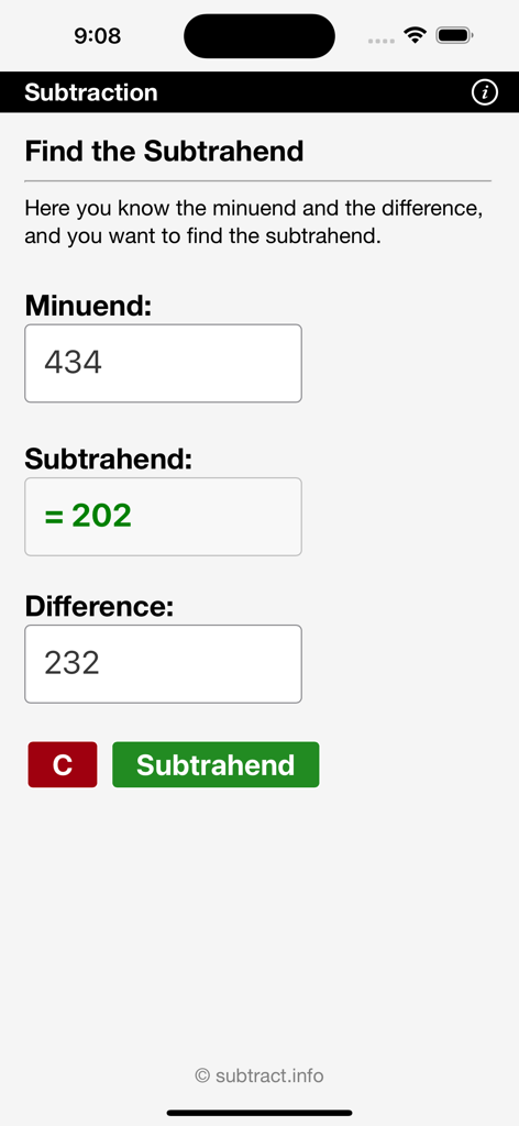 Long Subtraction - Interface of the Long Subtraction app showing how to find the subtrahend with minuend and difference inputs.