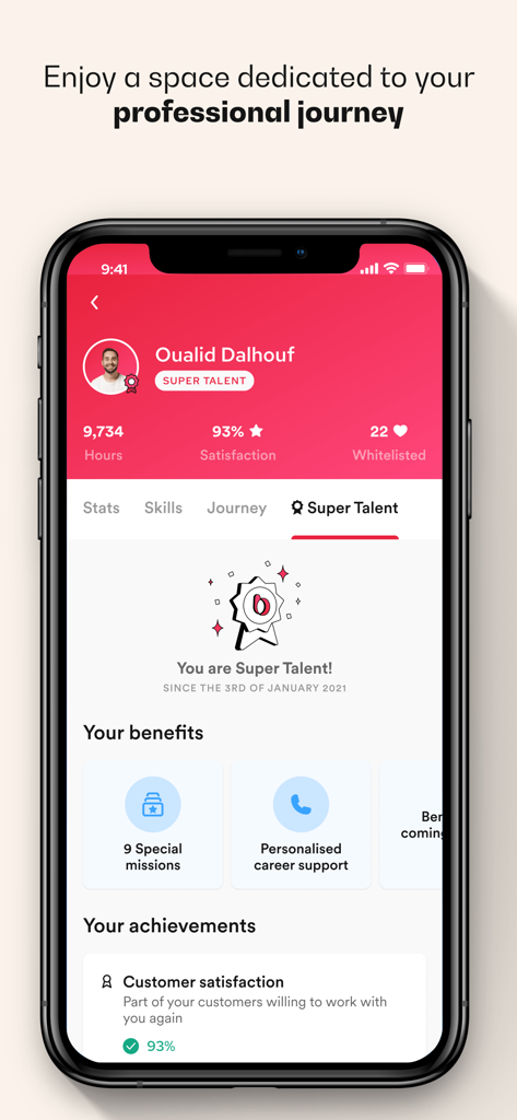 Brigad - Receive missions - A user profile on the Brigad app showing work statistics achievements and super talent status