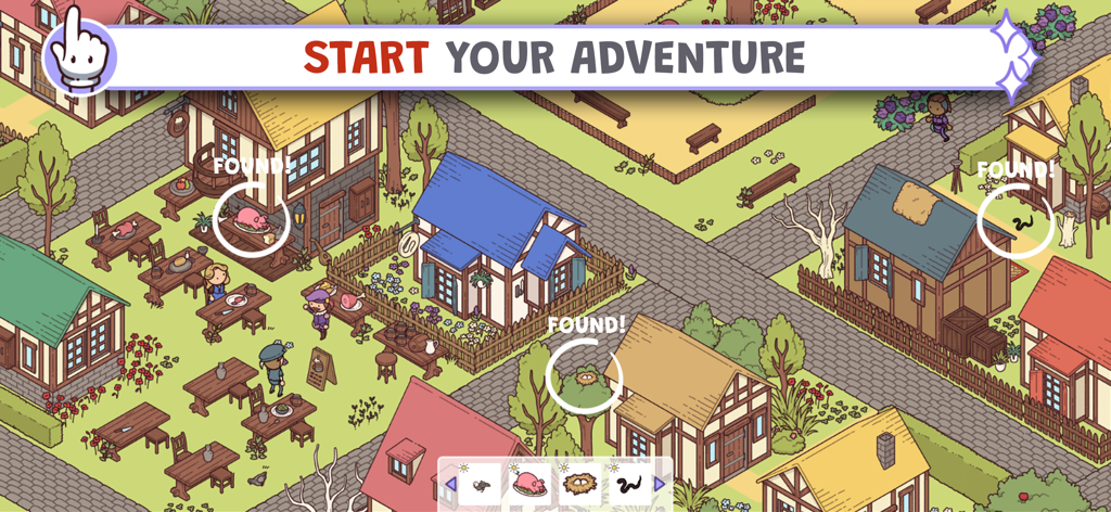 Hidden Through Time 2: Magic - Scena di villaggio medievale disegnata a mano in Hidden Through Time 2 Magic che mostra oggetti trovati cerchiati in bianco.