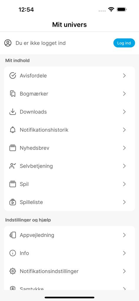 User profile and settings screen of the Viborg Stifts Folkeblad app showing options for bookmarks, downloads, and account settings.