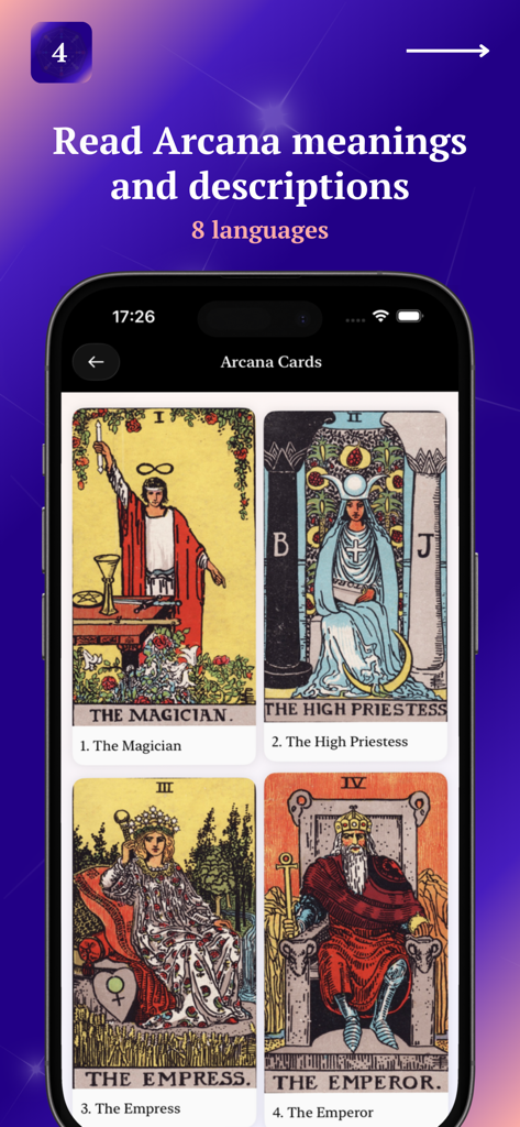 22 Energies: Destiny Matrix - Interface of the 22 Energies app showing Major Arcana tarot cards and descriptions.