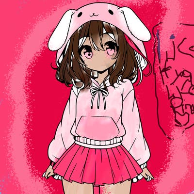 pretty anime girl wearing a fluffy hoodie with bunny ears on the hood and a skirt