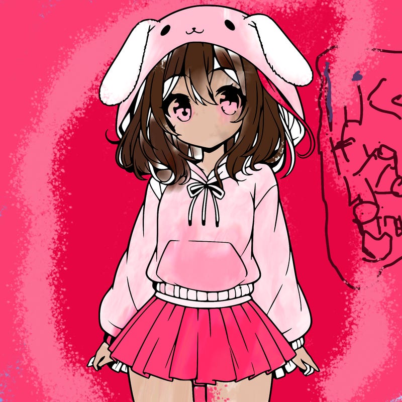 pretty anime girl wearing a fluffy hoodie with bunny ears on the hood and a skirt