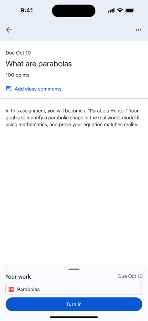 Schermata del compito di Google Classroom che mostra istruzioni e un pulsante di consegna