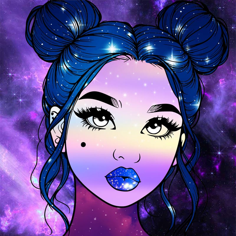 realistic girl with two buns on her hair and lips