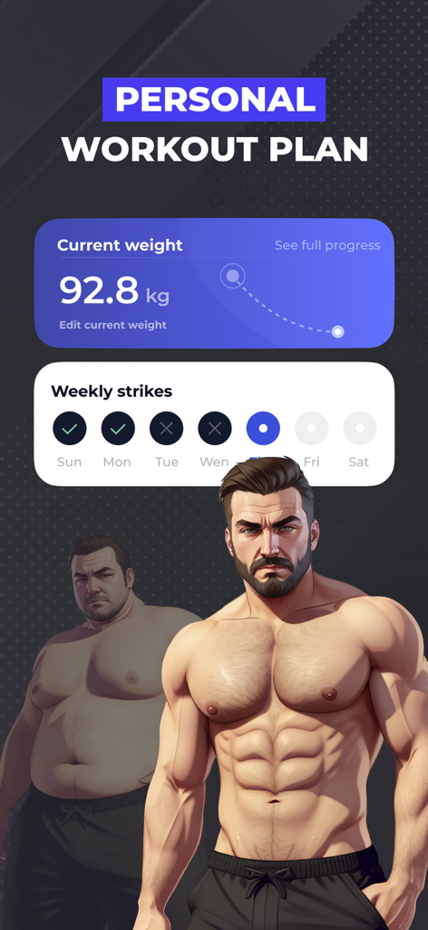 Personal workout plan screen showing weight progress graph and a male body transformation illustration.