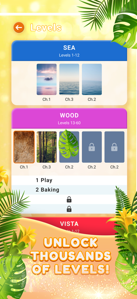 Level selection interface of Words Search game featuring Sea and Wood themes.